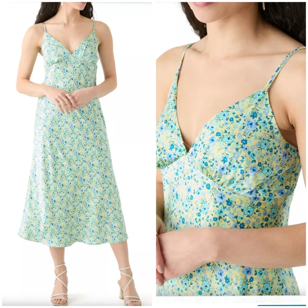 Oak & Trellis Satin Midi Dress Floral Sunshine Yellow Blue Size XS